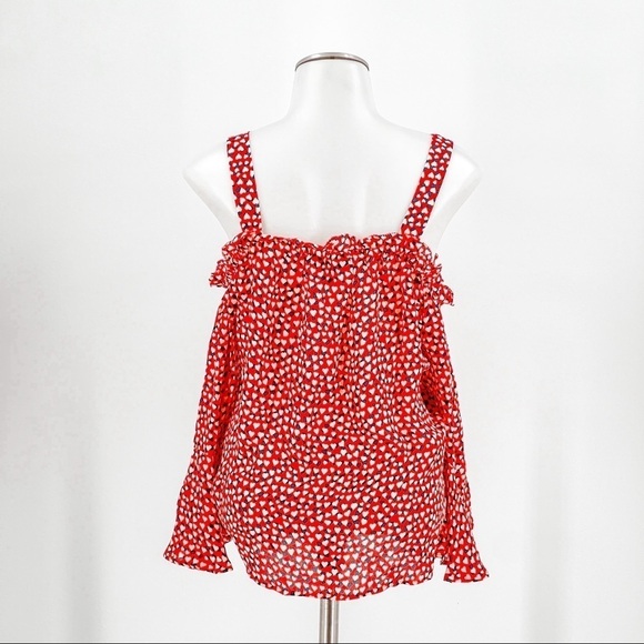 J Crew Red Off Shoulder Bell Sleeve Heart Print Silk Blouse - Picture 5 of 8